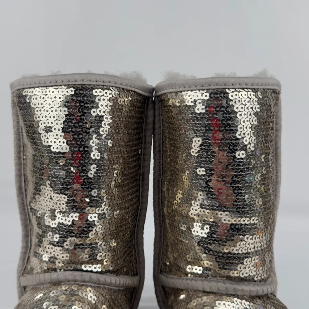 UGG Classic Short Sequin Sparkle Boots Silver Womens US 5